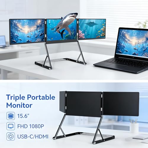 Image of Multi Screen Laptop Attachment, 15.6 inch Portable Tri-Fold Monitor with 1080P FHD IPS Display, Turns One Laptop Screen into Three, Easy Plug and Play, Adjustable Angles for Mac and Windows