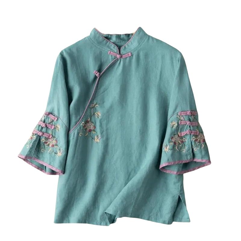 Blouse chinoise rétro en coton et lin brodé haut de gamme