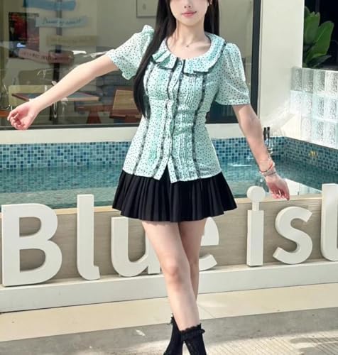 Green Lolita Shirts Kawaii Cute Clothes Blouse Lace Short Jirai Kei Fashion Puff Sleeve Shirt Ruffle Top with Bow3
