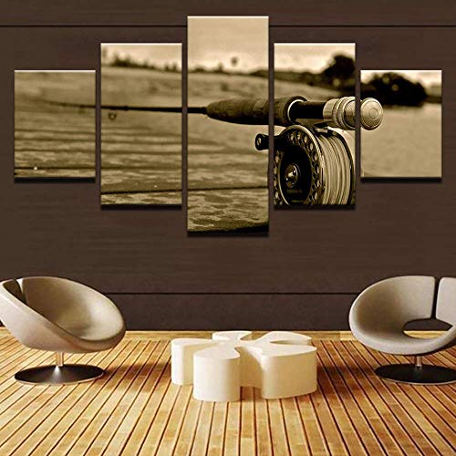 Canne à pêche peinture sur toile salon triptyque chic 40x100