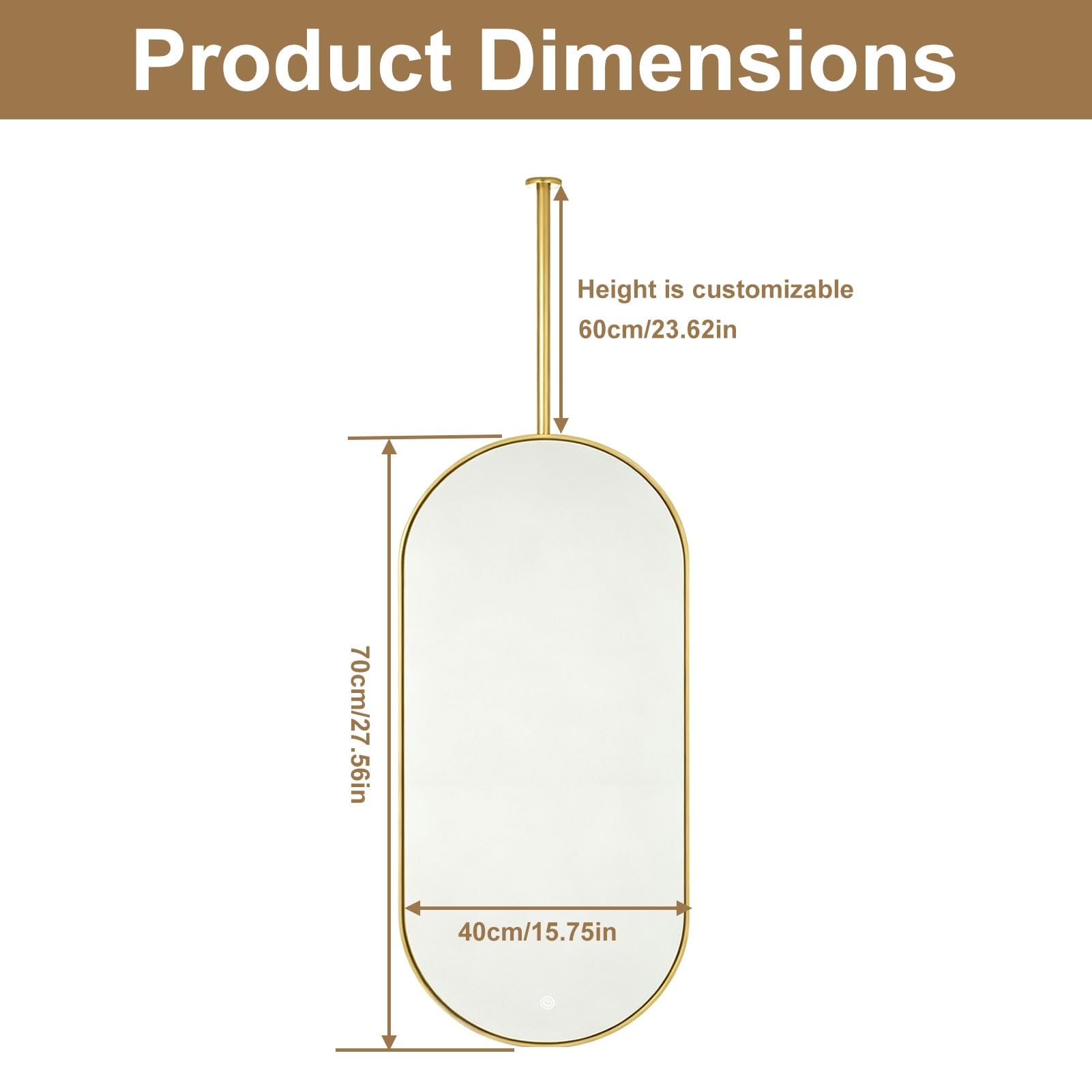 Miroir ovale moderne à tige suspendue, salle de bains monté au plafond | Miroir monté au plafond avec cadre et flèche en acier inoxydable brossé,pour salle d'eau,chambre à coucher(Gold,40cmx70cm)