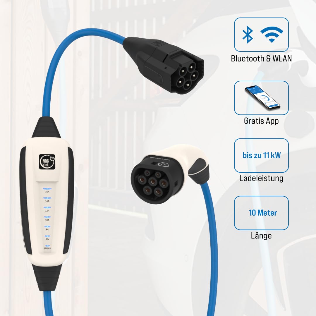 NRGkick 16A 10 m – Cargador portátil para Coche eléctrico con Cable de Carga AC, hasta 11 kW, Resistente al Agua IP66, Carga Segura y rápida
