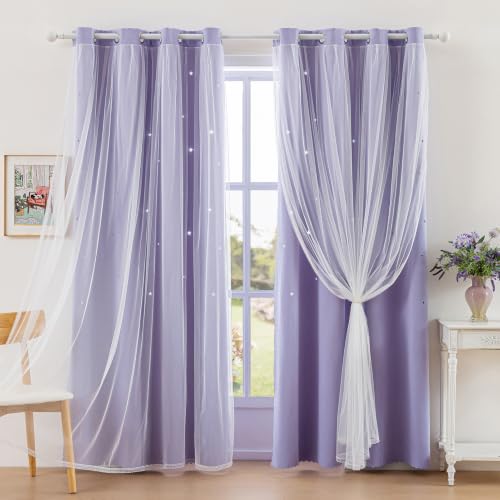 Image of indistar Star Cutout Kids Window Blackout Curtains for Girl Bedroom Window Room Darkening Curtains & Drapes Baby Nursery Curtains (2 Panel,52Wx84L inch,Lavender)