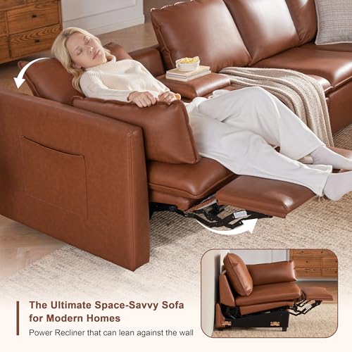 Image of 6-Seater Power Reclining Sectional Sofa Set with Storage Console, Wall-Hugger Recliner Sectional Couch with Cup Holders, Leather Reclining Sectional Couch for Living Room, Brown