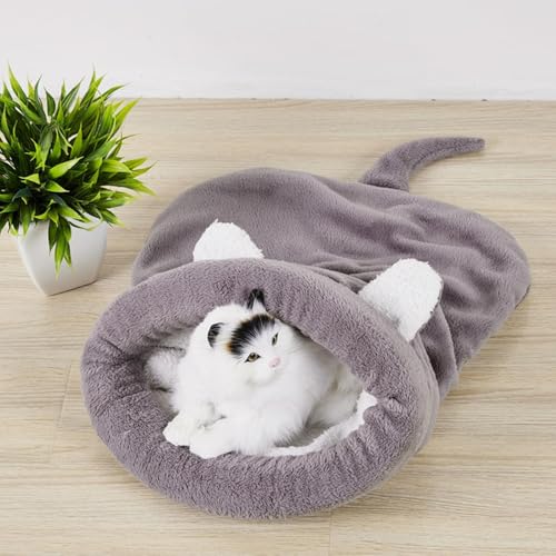 Cama para gatos cómoda de felpa suave y saco de dormir térmico para mascotas de interior 5