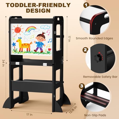 Image of Woodure 4-in-1 Toddler Kitchen Step Stool, Learning Standing Tower with Whiteboard, Wooden Kitchen Stool Helper for Kids, 1-3 Year Old Boy Girl Gifts-Black