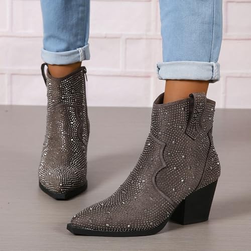 KOKOMOMO Rhinestone Short Cowboy Boots Sparkly Western Cowgirl Boots Glitter Stacked Chunky Heel Ankle Boots3
