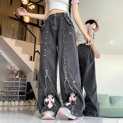 Y2K Gothic Grunge Vintage Casual High Waist Loose Straight Wide Leg Denim Pants Pink Cross Zipper Trim Jeans4