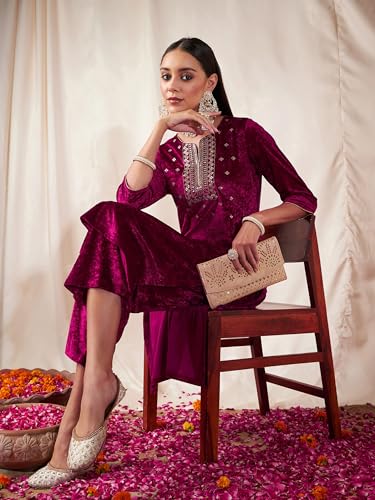 Image of Women's Velvet Floral Embroidered Straight Kurta | Round Neck Three-Quarter Sleeve Calf Length Kurti with Thread Work