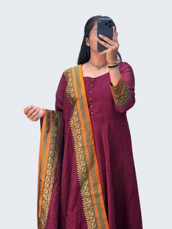 Image of Women's Vichitra Silk Anarkali Gown with Dupatta | Designer Flared Ethnic Long Gown for Women | Festive Wedding Traditional Dress