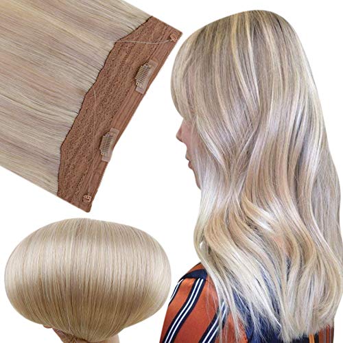Fshine Halo Hair Extension 14 Inch Nordic Balayage 18 Ash Blonde 22 and 60 Hidden Crown Remy Hair Extensions 10 Inch Width 70 Gram Clear Fish Line