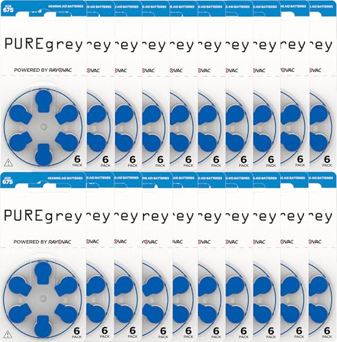 PUREgrey - Pilas para audífonos tipo 675-120 unidades para audífonos diseñados para el máximo rendimiento, paquete de 20 blísteres de 6 pilas para audífonos, código de color azul PR44, 1,45 V