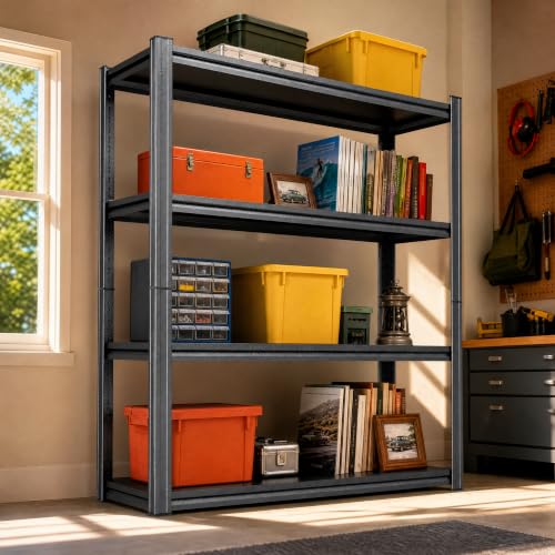 Image of 4 Tier Black Metal Bookshelf, Industrial Standing Book Shelf Shelving Unit, Vertical Steel Bookcase Storage Rack for Books Plants Kitchen Decor, Free Standing Shelves Organizer for Office Bedroom