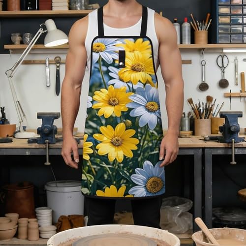 Delantal azul y amarillo con flores y cierre rápido miniatura 4