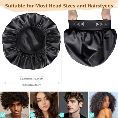 Adubor Silk Bonnet for Sleeping Women Men - Larger Double Layer Satin Bonnets - Non-Slip Silk Turban - Hair Bonnet for Sleeping - Sleep Cap for Curly Hair (Black+Pink)