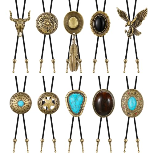Image of 10 Pcs Bolo Tie for Men Women Western Cowboy Accessories Leather Necktie with Tiger Eye Stone Costume Accessories