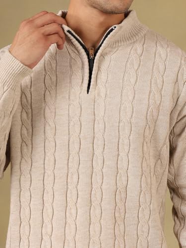Image of Kvetoo Men's Wool High Neck Zipper Sweater, Full Sleeve Cable Knit Quarter Zip Winter Pullover