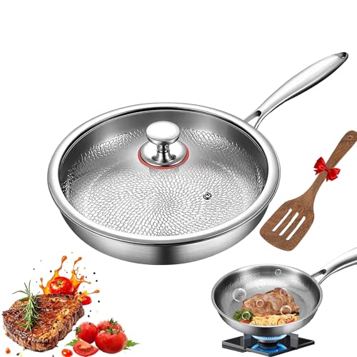 Poêle en titane martelée Pro avec couvercle,|ultra-durable| résistante aux rayures | antiadhésive, poêle à frire en titane non revêtu de première...
