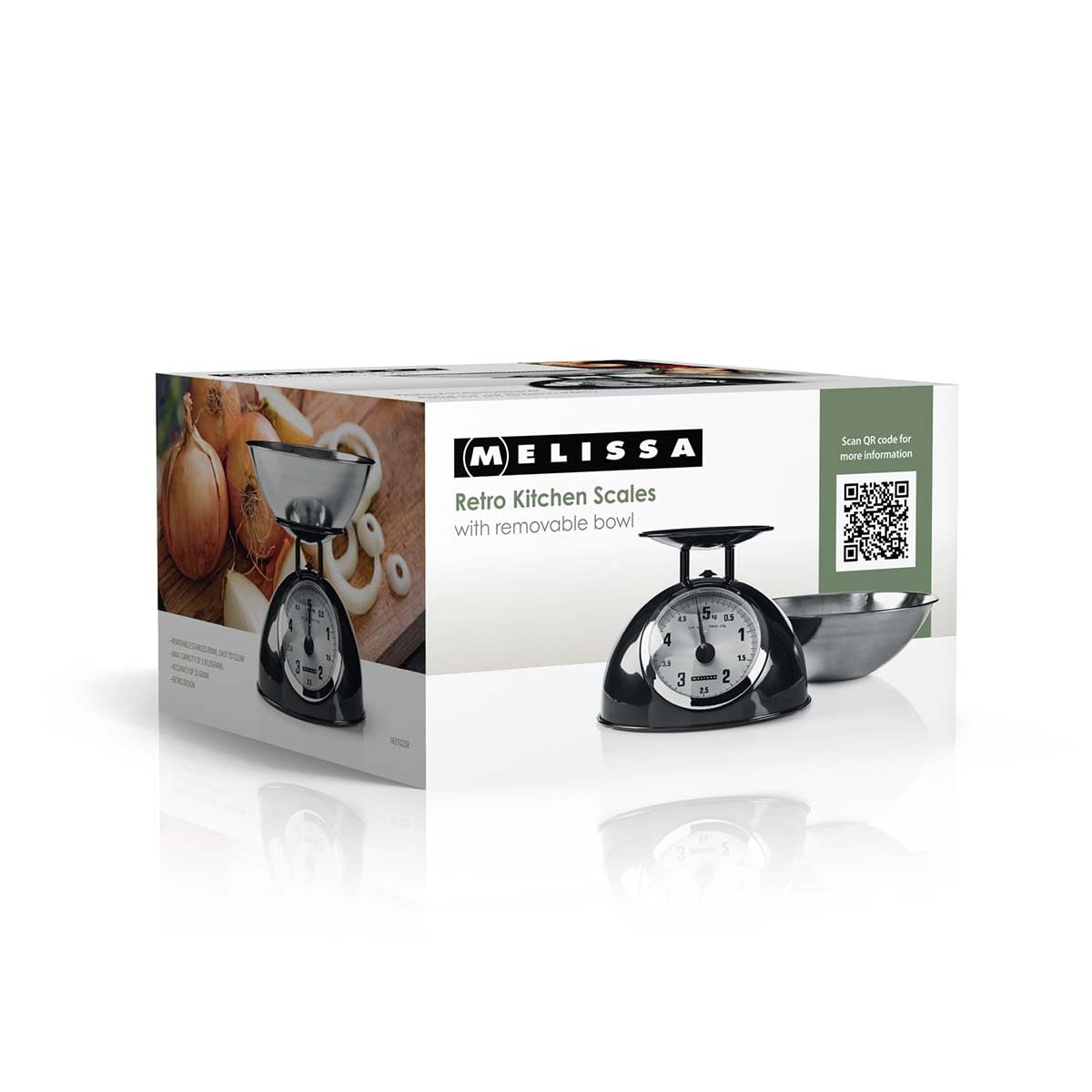 Melissa Mechanische Küchenwaage, Analog mit Edelstahlschüssel, Küchenwaage Digital, Waage Küche, Küchenwage, Küchenwaagen 5kg Kapazität, 25g Skalierung, Schwarz, Abnehmbare Schale, Metallgehäuse