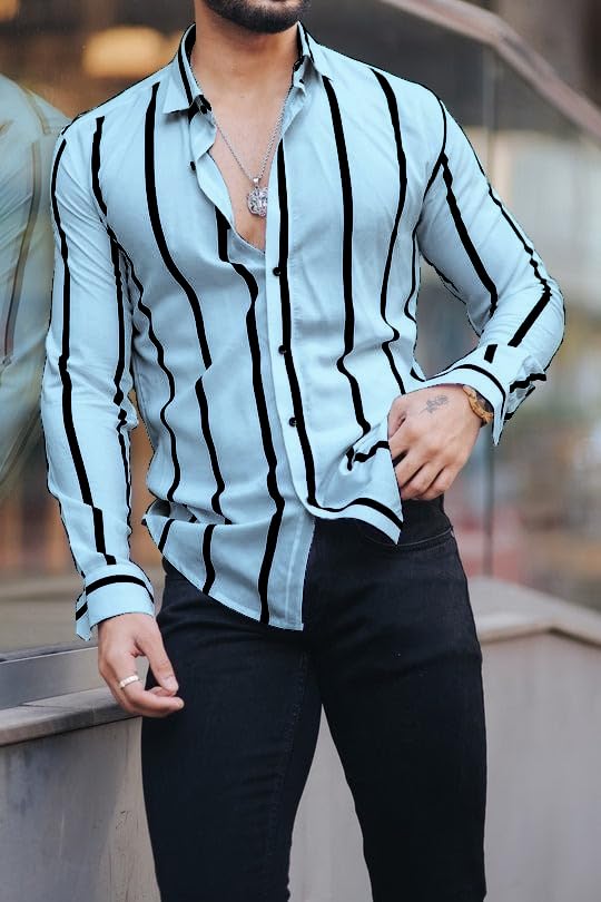 Image of MiraMichi Men's Striped Slim Fit Lycra Shirt | Full Sleeve Stretchable Shirt | Trendy Black and White Vertical Stripes for Casual