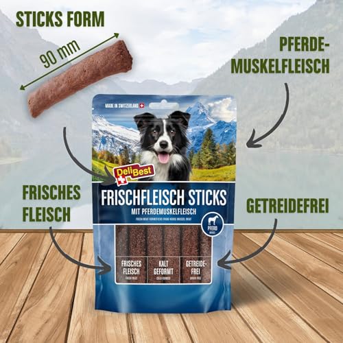 DeliBest Premium Pferdefleisch Sticks I Hundeleckerli mit wertvollen Inhaltsstoffen ist leicht verdaulich I kalt geformt - sehr schmackhafter Hunde Snack aus frischem Fleisch