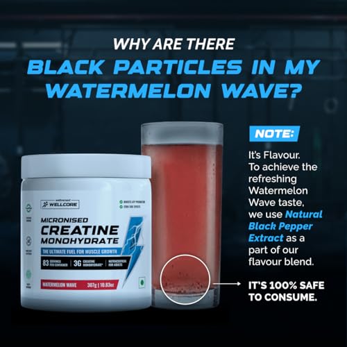 Image of Wellcore Pure Micronised Creatine Powder With Shaker (83 Servings, Watermelon Wave) For Enhanced Muscle Strength With Rapid Absorption | Creatine Monohydrate | Wellcore Creatine Flavoured - 307g