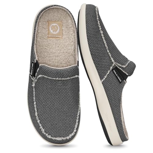 Mens Slippers with Arch Support, Canvas House Slipper for Men with Cozy Fuzzy Wool and Velvet Lining, Slip On Clog House Shoes with Indoor Outdoor Anti-Skid Rubber Sole, Black, 10.5