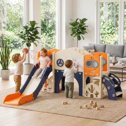 10 in 1 Toddler Slide and Climber Playset, Indoor Kids Slide with Basketball Hoop, Drawing Board, Golf Game, Climbing Ladder, Tunnel, Steering Wheel & Telescope, Activity Playset for Toddlers