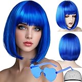 VCAY Bob Wig, 12 Inch Short Blue Bob Wig with Bangs,Straight Cosplay Wig,Heat Resistant,Adjustable Straps Wigs for Women Girl with Wig Cap