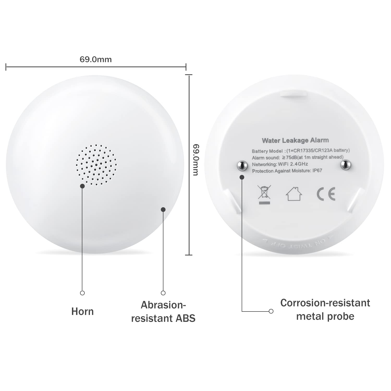 HEIMAN Czujnik wody WLAN, czujnik wody, Wi-Fi alarm wodny z baterią, inteligentny czujnik wody, podłoga, 75 dB WiFi 2,4 GHz, do kuchni, piwnicy i łazienki (1) (1 sztuka)