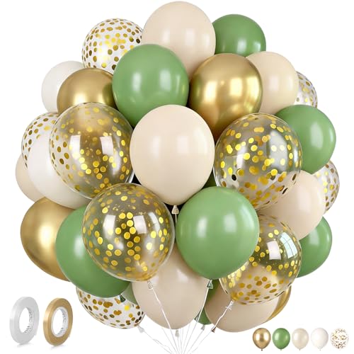 62 Piezas Globos Verdes, 12 Pulgadas Globos de Cumpleaños con Globos Verde Oliva Blancos Beige Dorados para Decoracion Cumpleaños Baby Shower Boda Bautizo Decoración de Fiesta