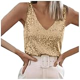 Damen Tanktops Pailletten Damen Glitzer Oberteile Tank Party Disco Weste Abend Glitzertop V-Ausschnitt Ärmelloses Top Spaghettiträger Blusen Mit Schimmernden (Gold-A, M)