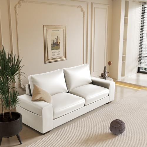 Image of Valthie Faux Leather Couch, Mid Century Modern Comfy Loveseat Sofa with Wide Arm, Side Pockets, Solid Wooden Frame for Office, Living Room and Bedroom, 3 Seater (White, 88.58 inches)