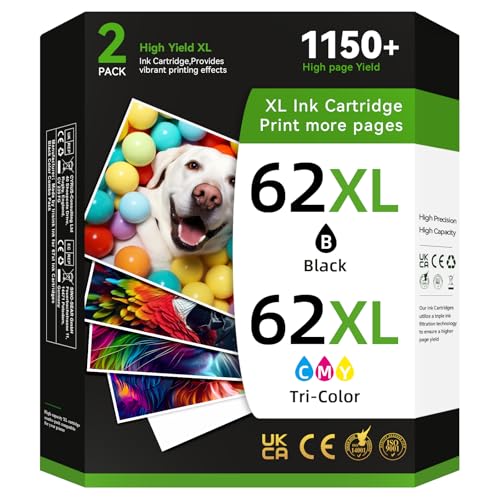 62XL Ink Cartridges Black and Colour Multipack Replacement for HP 62 Ink Cartridges Twin Pack High Yield for HP Envy 5540 5544 5640 5546 5644 5541 5640 5646 5542 OfficeJet 5740 200 250 (2-Pack)
