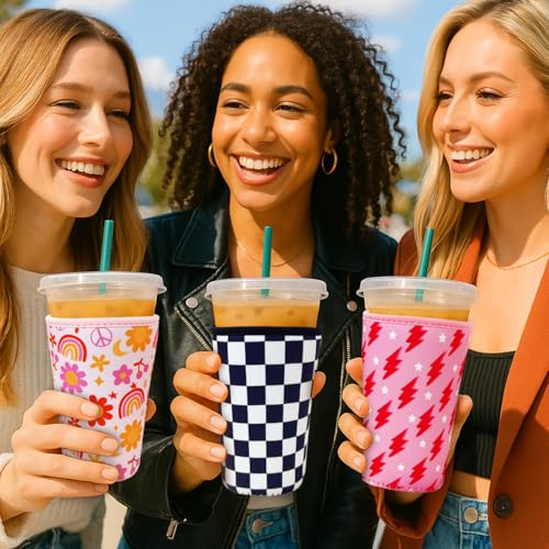 Image of Reusable Insulated Neoprene Iced Coffee Cup Sleeve, Durable Drink Sleeve for Cold Beverages, Beverage Holder for Iced Coffee, Groovy Flower