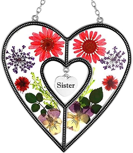 Stain Glass Sister Heart SunCatchers Wind Chime Ornament with Pressed Flower Wings Gifts for Mom Happy Mother's Day Heart Charm Birthday Christmas hangings