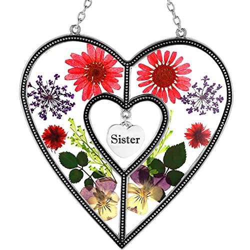 Stain Glass Sister Heart Suncatchers Wind Chime Ornament With Pressed Flower Wings Gifts For Mom Happy Mother's Day Heart Charm Birthday Christmas Hangings #TOP27