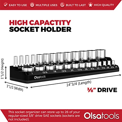 Image of Olsa Tools Magnetic Socket Organizer - 3 /8-Inch Drive SAE Socket Holder with Strong Magnets - Professional Tool Holder and Organizer - Stores up to 26 Sockets - Black - Part: 1543