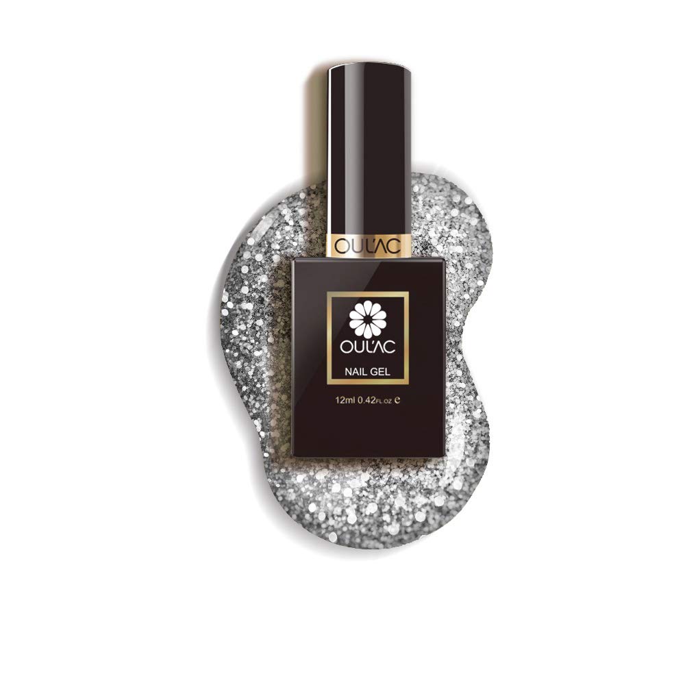 oulacGel Nail Polish Glitter Silver, Soak Off UV Gel Nail Art Design, 12ml (Requires Curing under UV/LED Lamp)