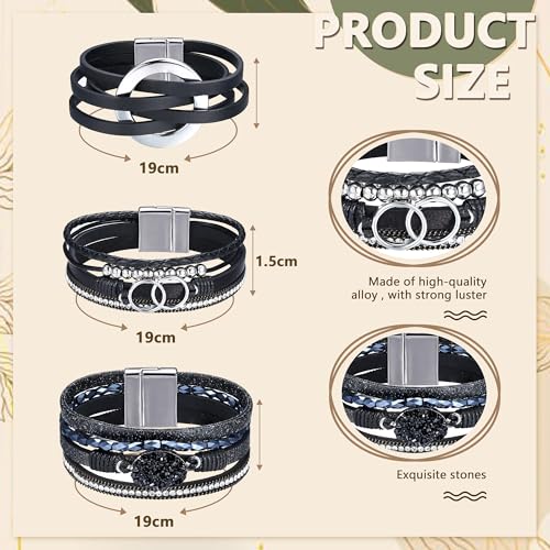 Sanfenly Leather Wrap Bracelets for Women,Boho Wrap Bracelets Leather Cuff Bangle Beads Bracelets Stackable Western Bracelets Jewelry for Women (Gold/Black/Gray/Turquoise)2