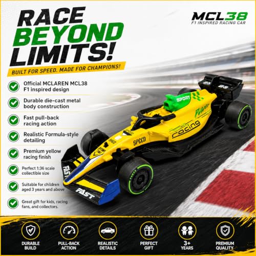 Image of McLaren MCL38 F1 Inspired Die-Cast Pull Back Racing Car Toy, 1:36 Scale Metal Formula Race Car Model, Realistic Motorsport Collectible Vehicle for Kids 3+ Years, Boys & Racing Fans (Yellow)