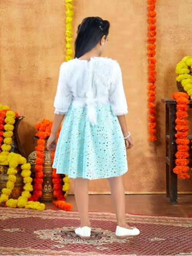 Image of Aarika Girls Turquoise Colour Foil Print Winter Woolen Frock