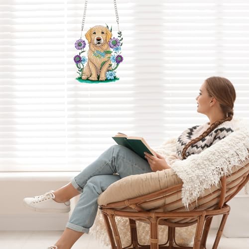 Image of AiYuanzsh Golden Retriever Dog Diamond Art Painting Hanging Pendant Kit Animal Special Shaped Diamond Dots Art Acrylic Ornaments Diamond Art Pendant for Adult Home Wall Window Decor Gift