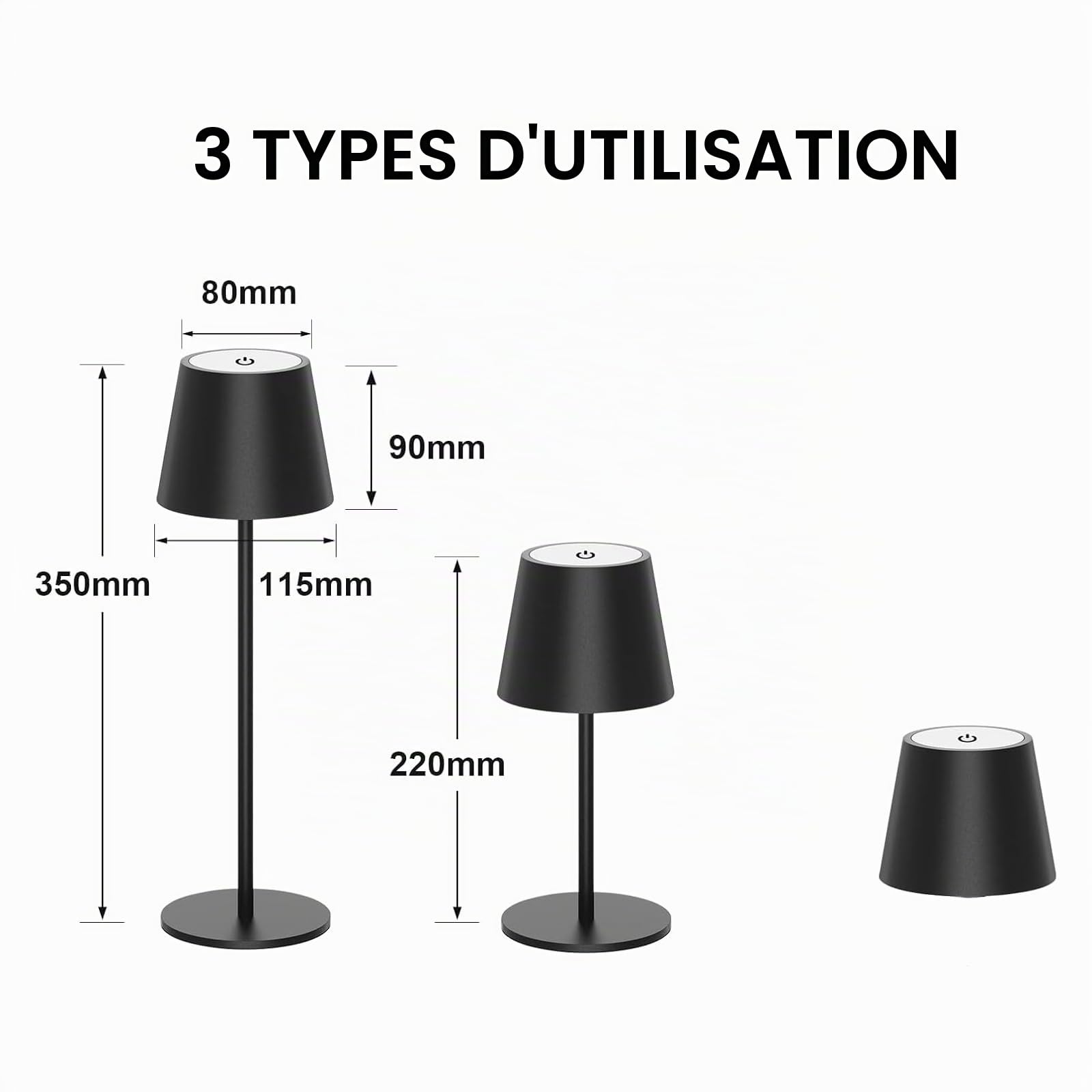 ANTELA Lampe de Table Sans Fil Rechargeable 3000K/4000K/5000K Blanc Chaud/Froid Dimmable LED Intérieur Extérieur pour Table de Repas Balcon Jardin Terrasse, Noir, 2PCs