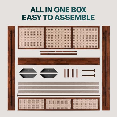 Image of Bme Nancy Signature Bed Frame, King Bed Frame and Headboard Unique Geometric, Mid Century Modern, Solid Acacia Wood, No Box Spring Needed, 12 Strong Wood Slats Support, Easy Assembly, Dark Chocolate
