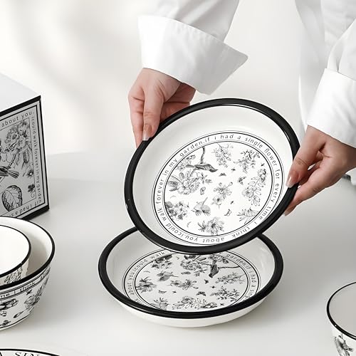Image of Ceramic Pasta Plate, 20.4 cm, Black & White Floral, Pack of 2 | Porcelain Dinner Plates, Microwave & Dishwasher Safe, Food Grade Ceramic