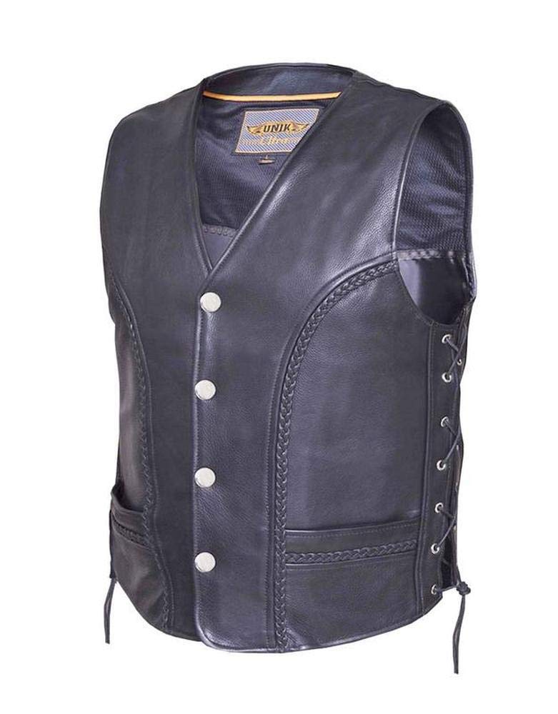 Ultra Men's Motorcycle Leather Vest with Buffalo Nickel Snaps,Black,Size - 3XL