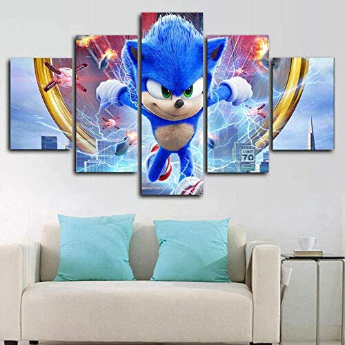 Cuadro Sonic Azul XXL Impresiones En Lienzo 5 Piezas Cuadro Moderno En Lienzo Decoración para El...