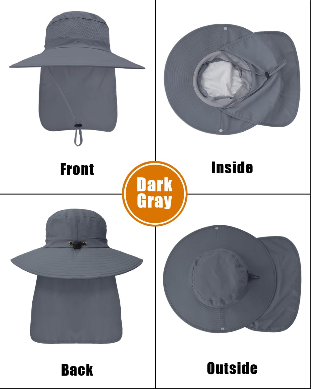 Outdoor Sun Hats with Stowable Neck Flap for Men Women UPF 50+ Mesh Summer Bucket Hat Wide Brim for Fishing Safari Hiking Dark Grey