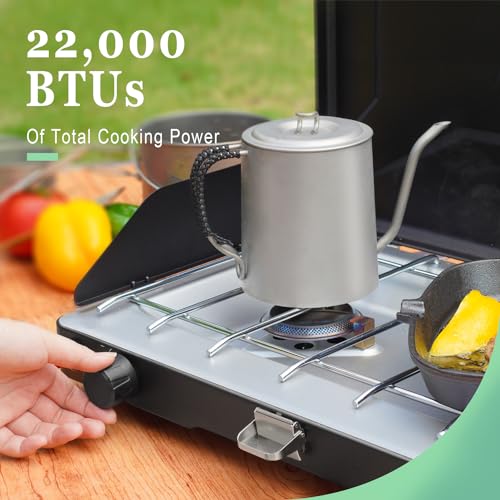 VANSTON 2-Burner Propane Camping Stove, 20,000 Total BTUs Portable Gas Camping Grill, Stovetop with Adjustable Burners, Wind Guards, Heavy-Duty Latch, Built-in Carrying Handle, Pressure regulator - Image 4